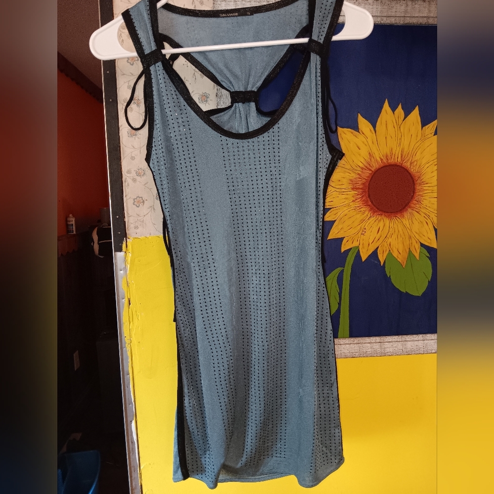 SALVAGE Silky Slate Blue Tunic/Tank With Shimmery Black Crystals. S
